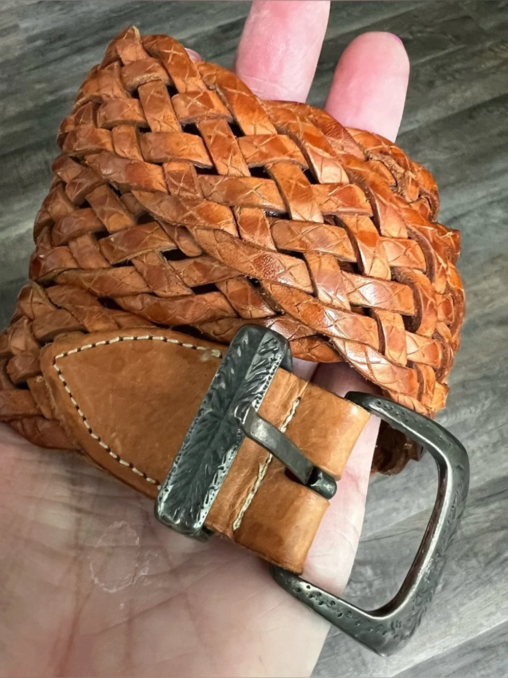Vintage Braided Genuine Leather Belt - Tan size large Silver accents